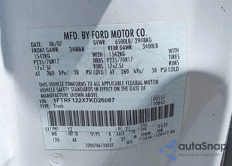 2007 Ford F-150 Stx/Xl/Xlt from USA, damaged, VIN 1FTRF122X7KD26087